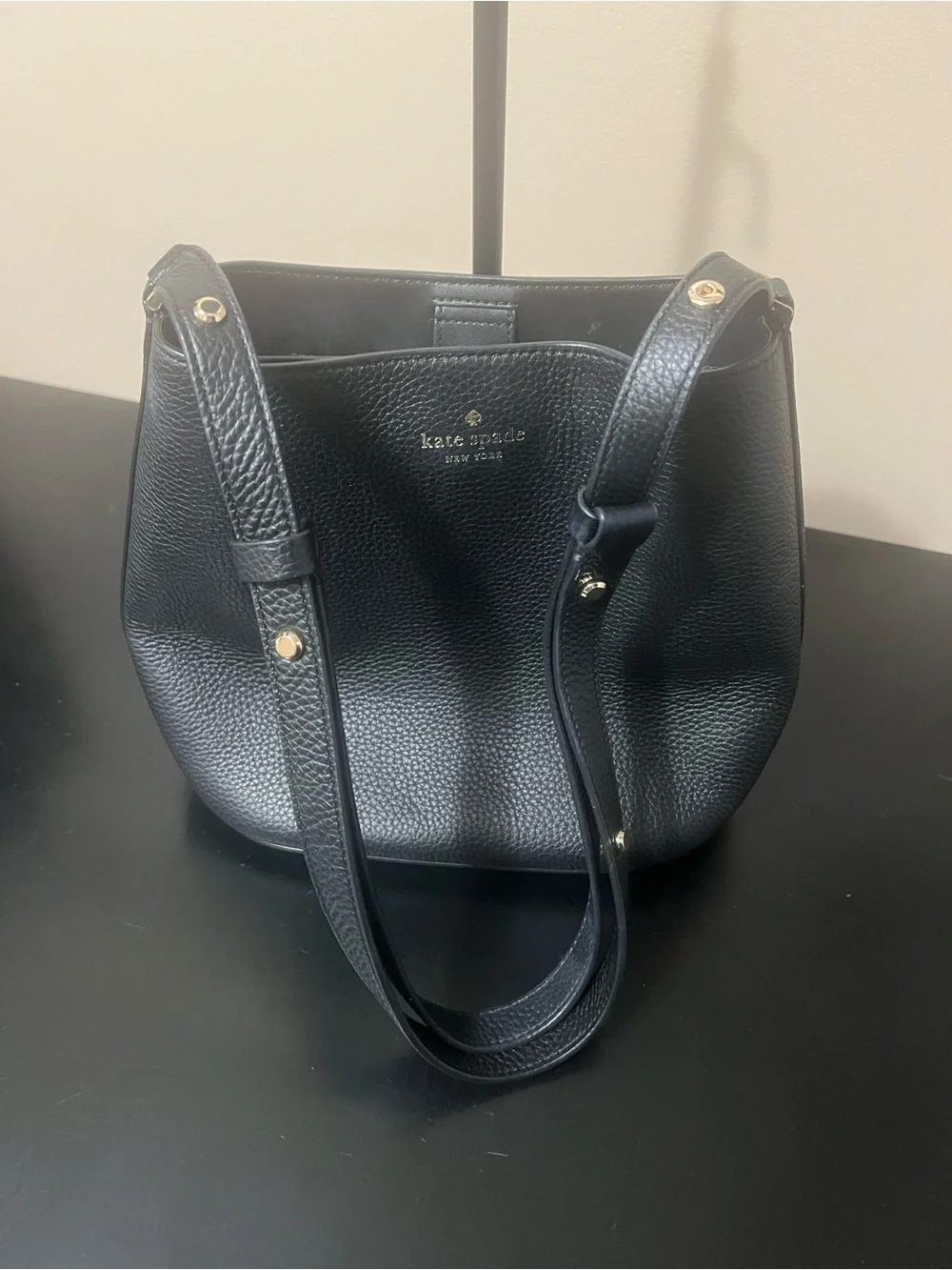 kate spade Julia Medium Bucket Bag Black Pebbled Leather Adjustable Strap